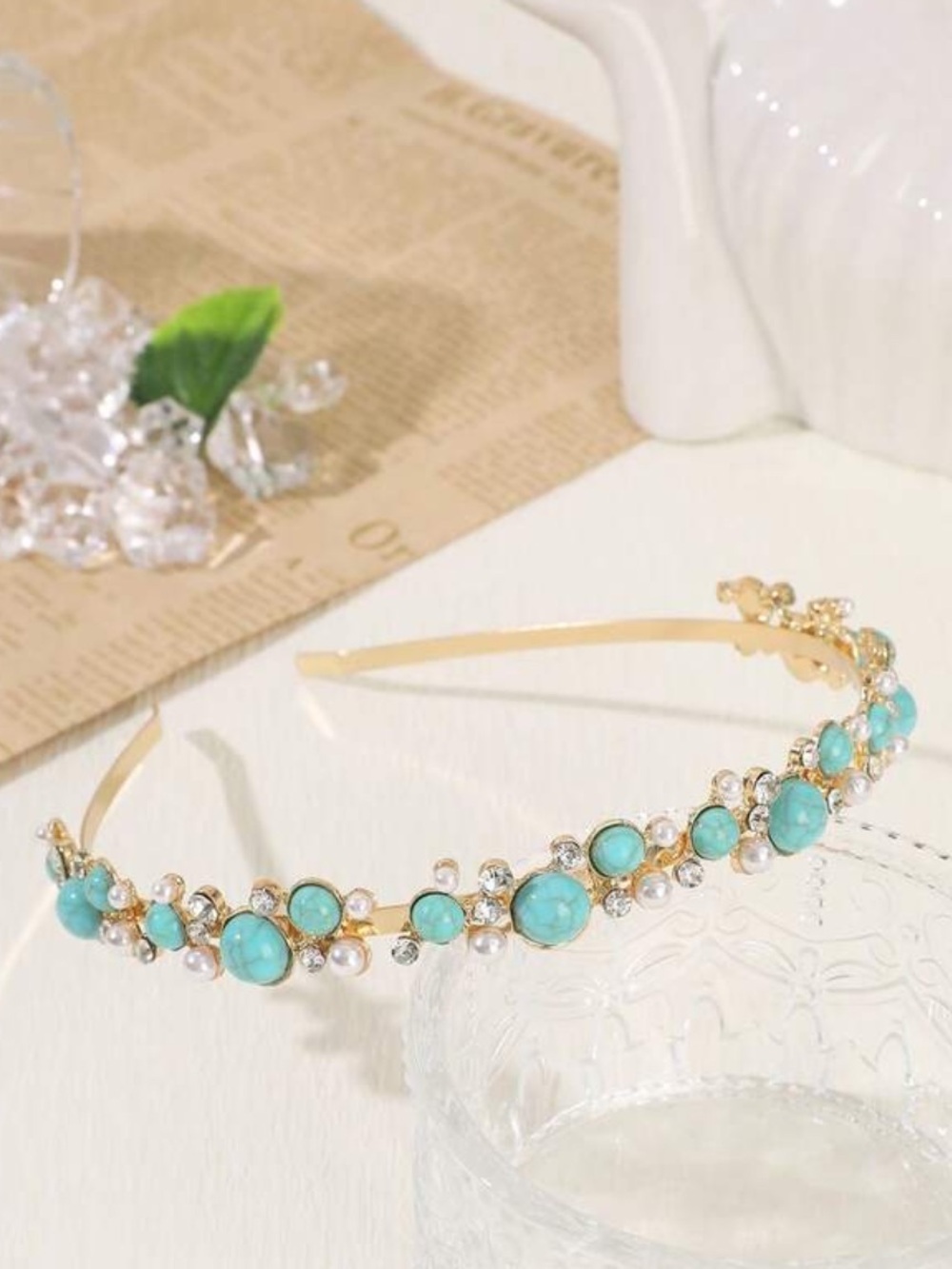 Gold Headband with Turquoise Stones and Crystals